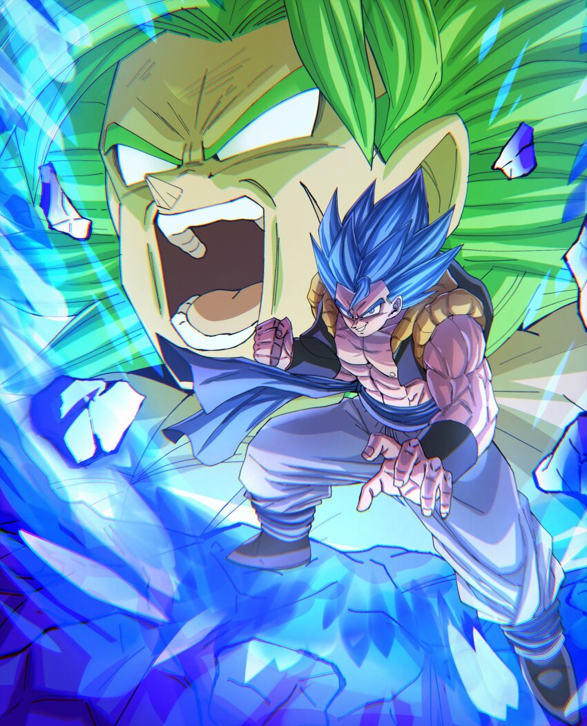 2boys, abs, absurdres, aura, blue_aura, blue_eyes, blue_hair, broly_(dragon_ball_super)