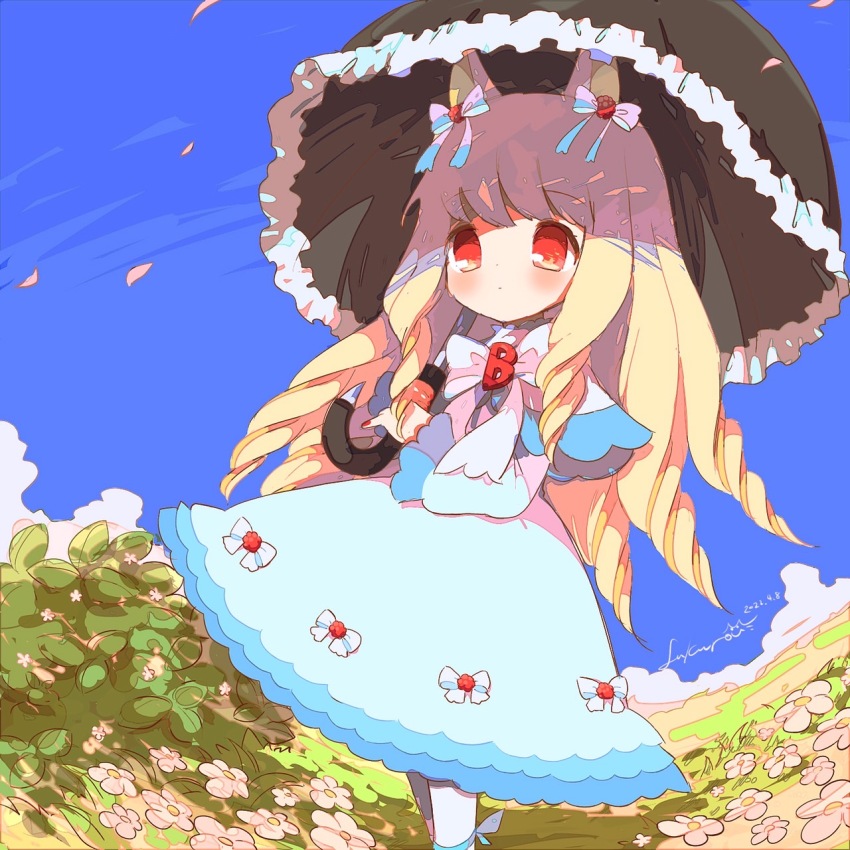 1girl, animal_ears, baron-0628, berry_(oshiri_tantei), black_umbrella, blonde_hair, bow, dated, day, dress, drill_hair, flower, hair_bow, highres, holding, holding_umbrella, long_hair, long_sleeves, oshiri_tantei, outdoors, pantyhose, parasol, red_eyes, red_nails, solo, standing, umbrella, white_pantyhose
