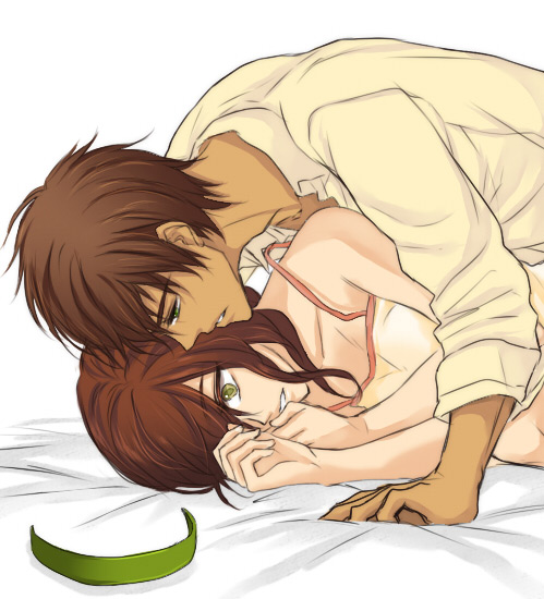 1boy, 1girl, axis_powers_hetalia, bad_id, bad_pixiv_id, brown_hair, gender_request, genderswap, green_eyes, headband, orie_(nobisol), southern_italy_(female)_(hetalia), southern_italy_(hetalia), spain_(hetalia)