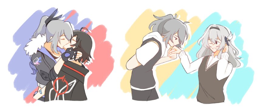 4girls, :d, arm_behind_back, black_hair, black_hairband, black_jacket, black_sweater_vest, bow