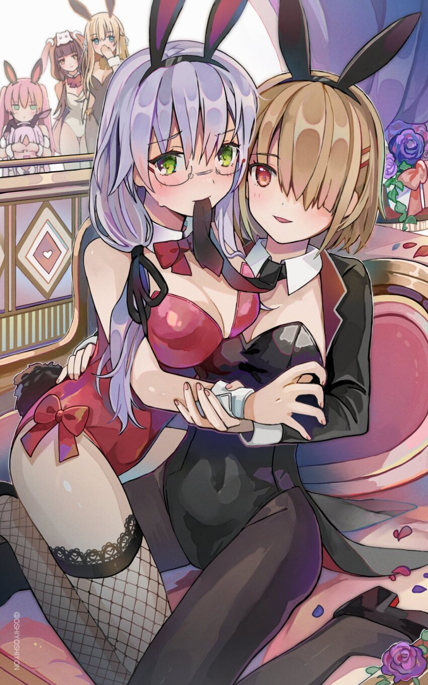 6+girls, aikawa_megumi, animal_ears, asakura_karen_(heaven_burns_red), black_leotard, black_necktie, blonde_hair, blush, breasts, cleavage, detached_collar, fake_animal_ears, fake_tail, fishnet_pantyhose, fishnets, glasses, green_eyes, grey_hair, hair_ornament, hair_over_one_eye, heaven_burns_red, highleg, highleg_leotard, highres, izumi_yuki, kayamori_ruka, kunimi_tama, large_breasts, leotard, long_hair, long_sleeves, low-tied_long_hair, medium_breasts, mouth_hold, multiple_girls, necktie, necktie_in_mouth, oshiyoshiyon, pantyhose, playboy_bunny, rabbit_ears, rabbit_tail, red_eyes, red_leotard, round_eyewear, short_hair, strapless, strapless_leotard, tail, team_31a_(heaven_burns_red), toujou_tsukasa, wrist_cuffs