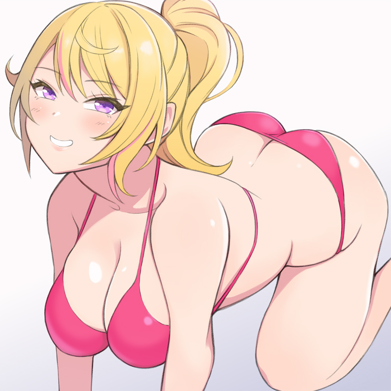 1girl, all_fours, ass, bikini, blonde_hair, blush, breasts, butt_crack, cleavage, collarbone, dead_or_alive, dead_or_alive_xtreme, dead_or_alive_xtreme_venus_vacation, grin, konishiki_(52siki), large_breasts, long_hair, looking_at_viewer, purple_eyes, red_bikini, smile, swimsuit, teeth, white_background, yukino_(doa)