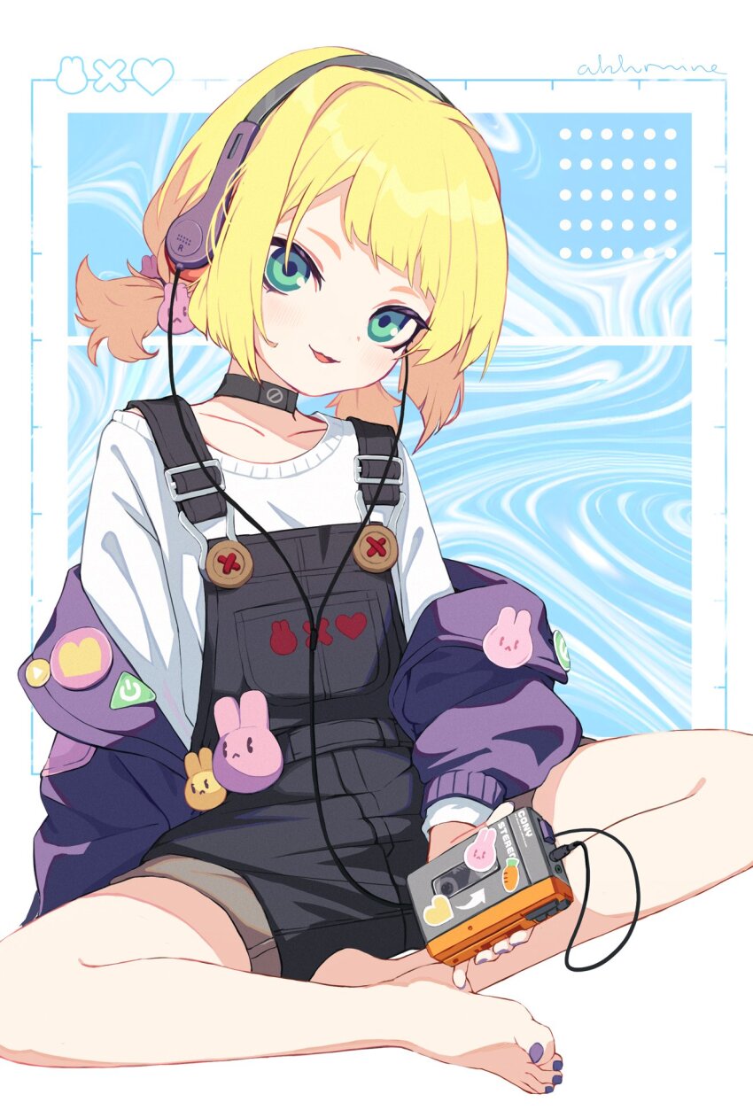 1girl, anocco, barefoot, black_nails, black_overalls, black_shorts, blonde_hair, butterfly_sitting