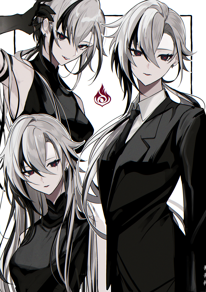 1girl, absurdres, adjusting_hair, arlecchino_(genshin_impact), bare_shoulders, black_eyes, black_hair, black_hands, black_jacket, black_necktie, black_sweater, breasts, collared_shirt, colored_extremities, commentary_request, earrings, genshin_impact, grey_hair, hair_between_eyes, highres, jacket, jewelry, long_hair, long_hair_between_eyes, looking_at_viewer, medium_breasts, multicolored_hair, multiple_views, necktie, pyro_symbol_(genshin_impact), red_pupils, shirt, sleeveless, sleeveless_sweater, streaked_hair, suit_jacket, sweater, symbol-shaped_pupils, turtleneck, turtleneck_sweater, white_background, white_shirt, x-shaped_pupils, yui_(linaw-key08)