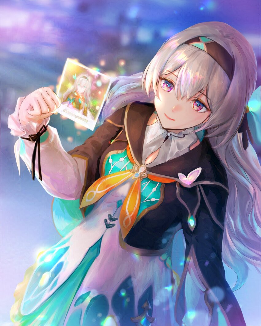 1girl, black_hairband, black_jacket, black_ribbon, blue_bow, blue_eyes, blue_skirt, blurry