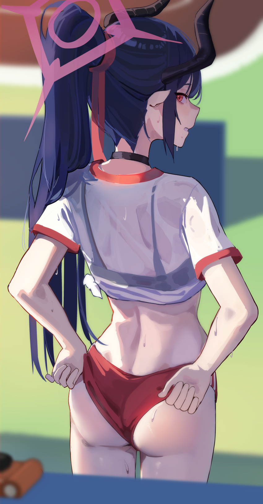 1girl, absurdres, alternate_costume, alternate_hairstyle, ass, black_bra, black_choker, black_hair, black_horns, blue_archive, blurry, blurry_background, bra, bra_visible_through_clothes, buruma, chiaki_(blue_archive), choker, commentary, from_behind, gubbi_on, gym_shirt, gym_uniform, hair_ribbon, halo, highres, horns, korean_commentary, long_hair, looking_at_viewer, looking_back, pink_halo, pointy_ears, ponytail, red_buruma, red_eyes, red_ribbon, ribbon, see-through_clothes, see-through_shirt, shirt, solo, sweat, underwear