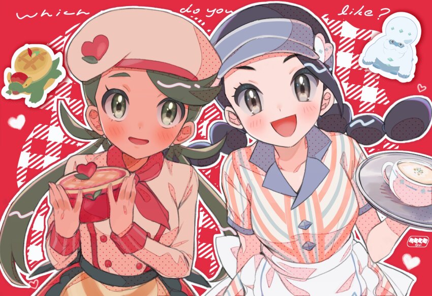 2girls, :d, abe_(kumayu), appletun, apron, black_hair, blush, braid