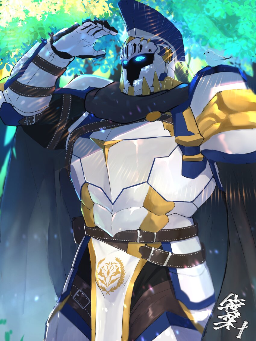 1boy, absurdres, another_eidos-r, armor, bara, blue_eyes, bulge, cowboy_shot