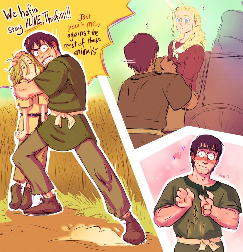 !, !!, 1girl, 2boys, ?, angry, arnheid, beard_stubble