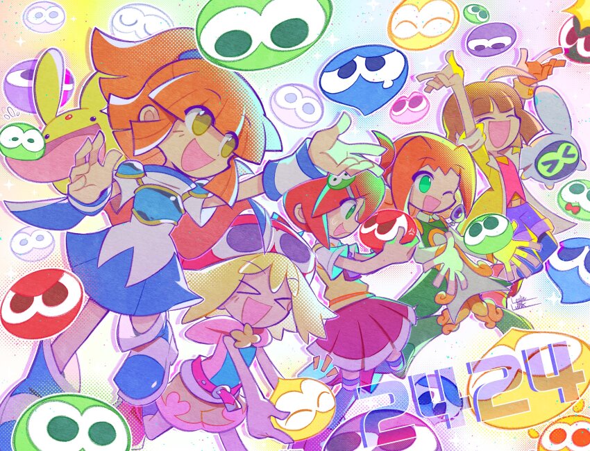 >_<, 2024, 5girls, :d, ahoge, amitie_(puyopuyo), andou_ringo, arle_nadja