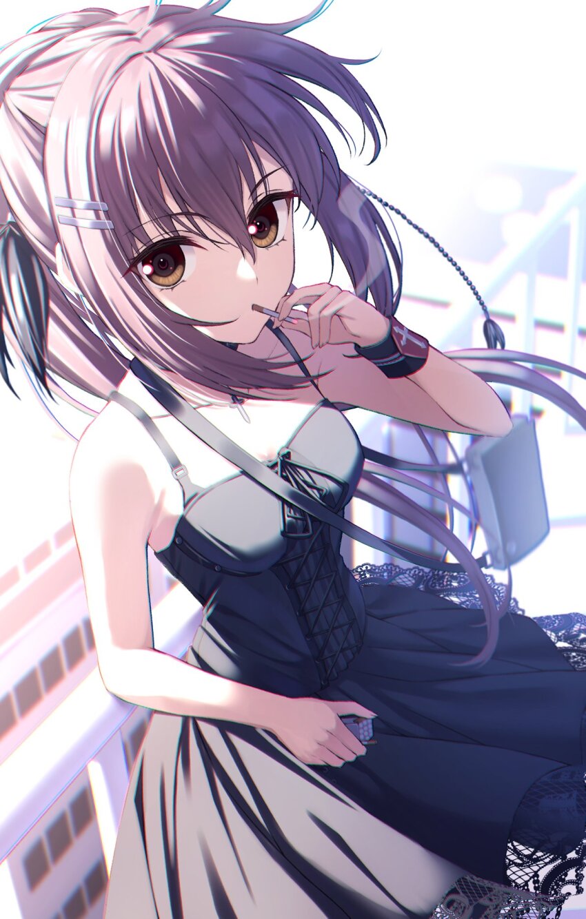 1girl, against_railing, bare_shoulders, black_dress, black_wrist_cuffs, breasts, brown_eyes, brown_hair