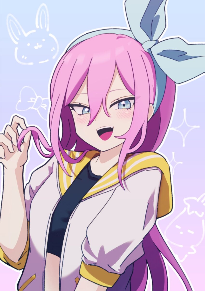 1girl, aubrey_(faraway)_(omori), aubrey_(omori), blue_eyes, blush, crop_top, hairband, highres, jacket, long_hair, looking_at_viewer, omori, open_mouth, pink_hair, playing_with_own_hair, short_sleeves, smile, solo, teeth, upper_body, upper_teeth_only, white_jacket, yu_kuli