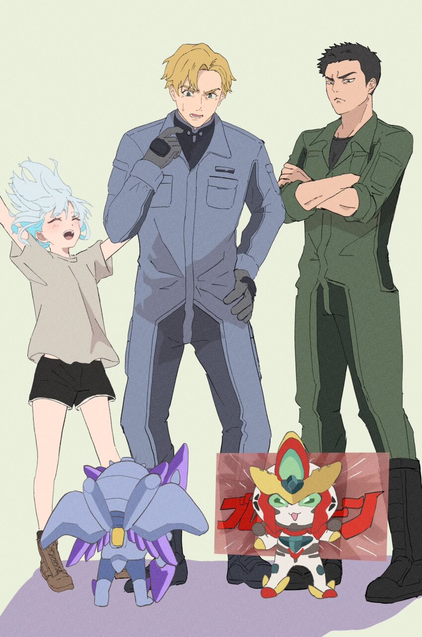 1girl, 2boys, arms_up, black_hair, black_shorts, blonde_hair, bravern, brown_footwear