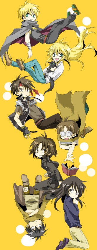 3girls, 4boys, azalie_cait_sith, black_hair, blonde_hair, blue_eyes, brown_eyes, brown_hair