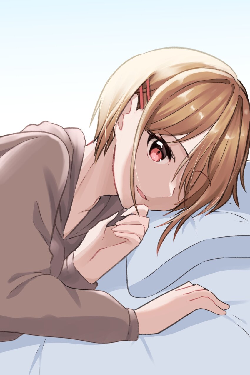 1girl, absurdres, blonde_hair, brown_hoodie, hair_ornament, hair_over_one_eye, hairpin, heaven_burns_red