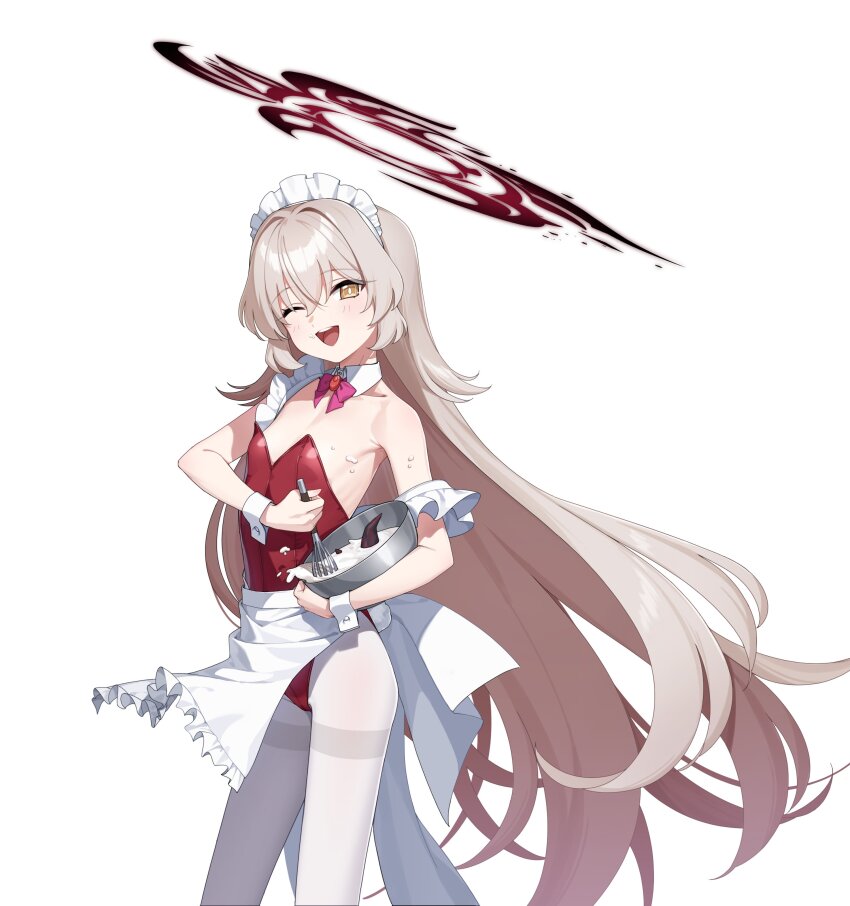 1girl, ;d, absurdres, apron, bow, bowl, bowtie, breasts