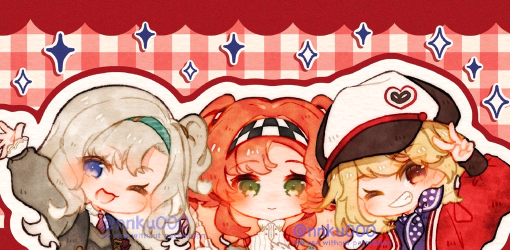 3girls, ;d, arm_up, blonde_hair, blue_dress, blue_eyes, blue_hairband, blue_neckerchief