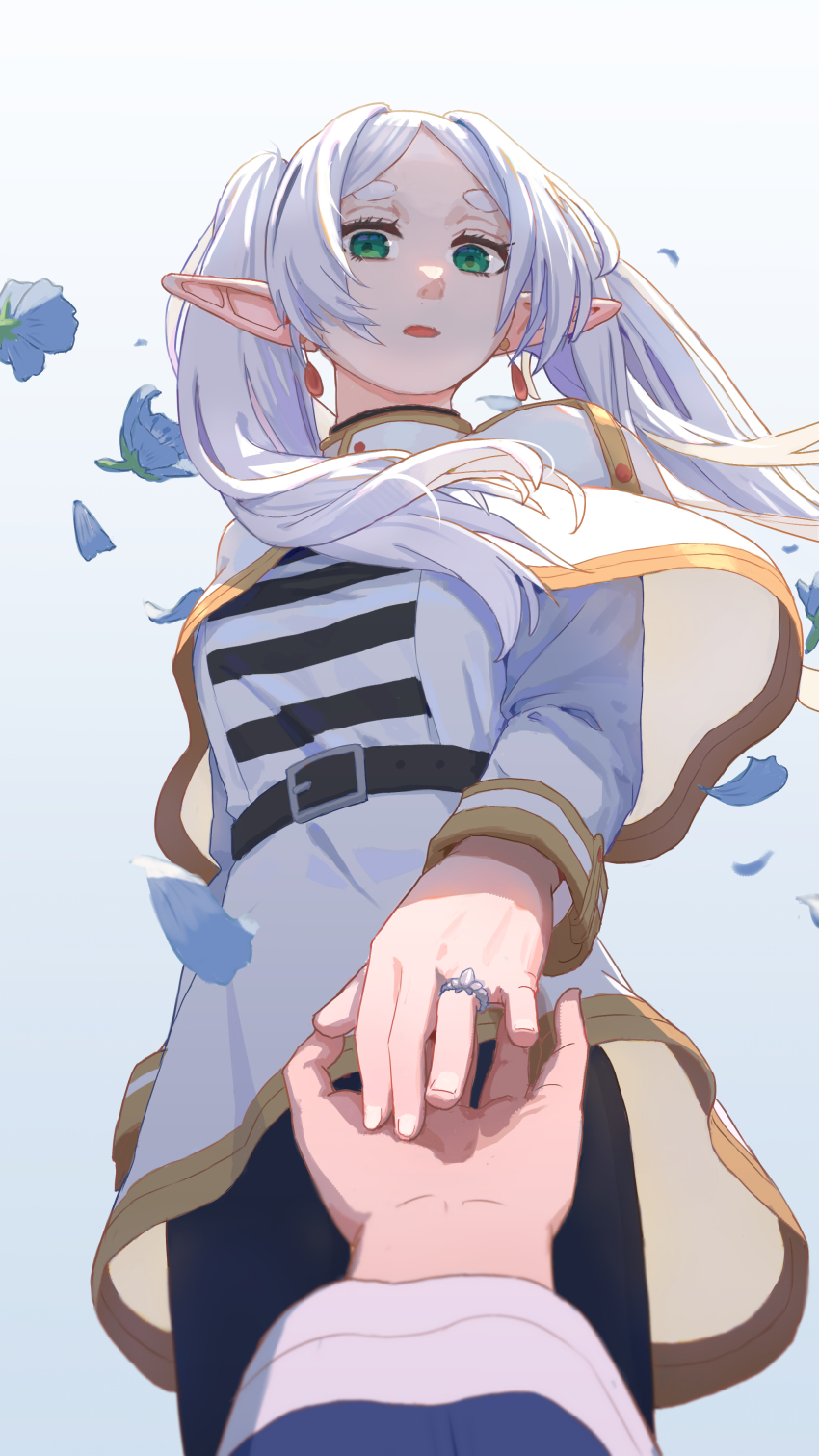 1boy, 1girl, absurdres, asuka-w, black_pantyhose, capelet, earrings, elf