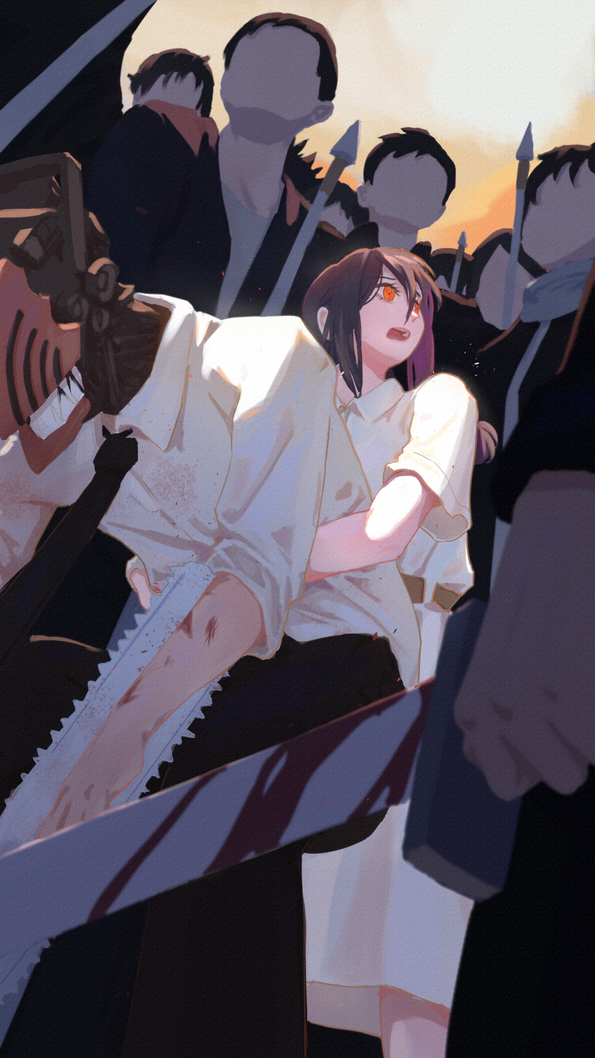 1girl, 6+boys, absurdres, asuka-w, black_hair, blood, bloody_weapon, chainsaw