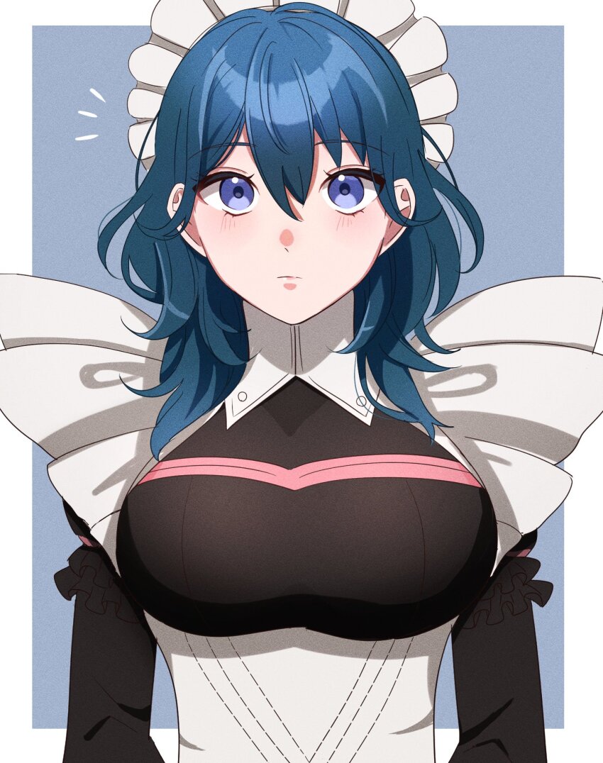 1girl, alternate_costume, black_dress, blue_eyes, blue_hair, breasts, female_byleth_(fire_emblem), closed_mouth