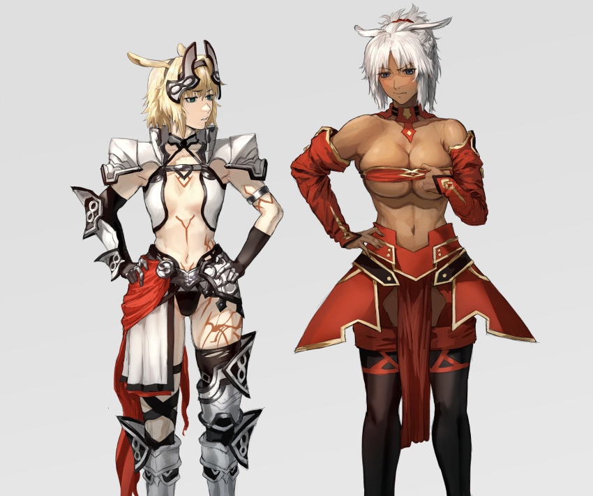 2girls, absurdres, animal_ears, armlet, armor, armored_boots, asymmetrical_gloves, bandeau, bare_shoulders, bikini, bikini_armor, black_thighhighs, blonde_hair, blue_eyes, body_markings, boots, braid, breasts, caenis_(fate), caenis_(fate)_(cosplay), caenis_(second_ascension)_(fate), cleavage, collarbone, commentary_request, cosplay, costume_switch, cowboy_shot, dark-skinned_female, dark_skin, detached_sleeves, elbow_gloves, fake_animal_ears, fate/apocrypha, fate/grand_order, fate_(series), faulds, gauntlets, gloves, green_eyes, hair_between_eyes, hair_intakes, hairband, hand_on_own_hip, hands_on_own_hips, headgear, highres, jewelry, large_breasts, long_hair, looking_at_another, mordred_(fate), mordred_(fate/apocrypha), mordred_(fate/apocrypha)_(cosplay), mordred_(third_ascension)_(fate), multiple_girls, navel, parted_bangs, parted_lips, pelvic_curtain, ponytail, red_sleeves, scrunchie, shoulder_armor, sidelocks, simple_background, single_gauntlet, single_thighhigh, skindentation, small_breasts, standing, stomach, swimsuit, tattoo, thighhighs, tonko_from, torn_clothes, torn_thighhighs, trait_connection, undersized_clothes, waist_cape, white_bikini, white_hair