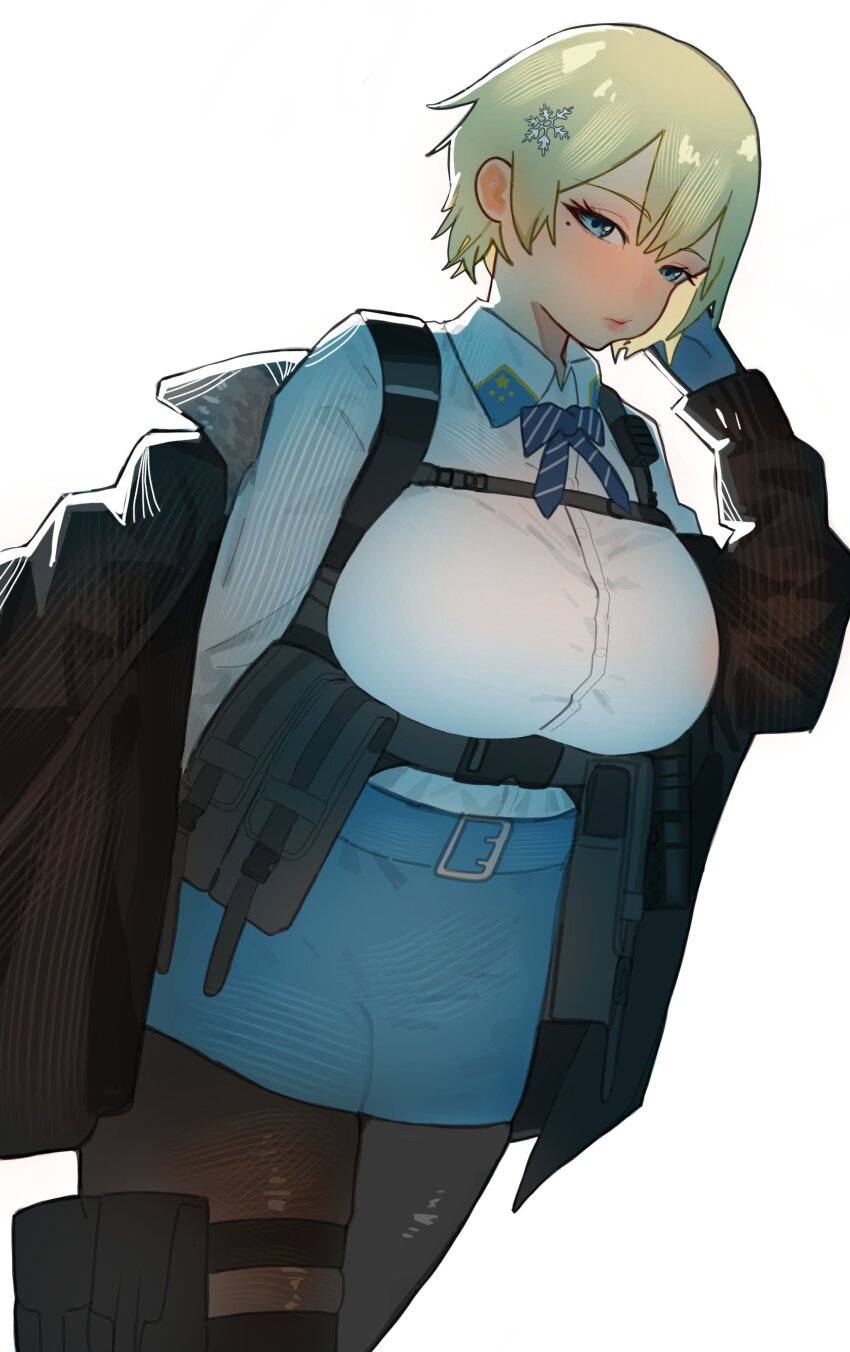 1girl, absurdres, arm_up, black_pantyhose, blonde_hair, blue_eyes, blue_ribbon, blue_skirt