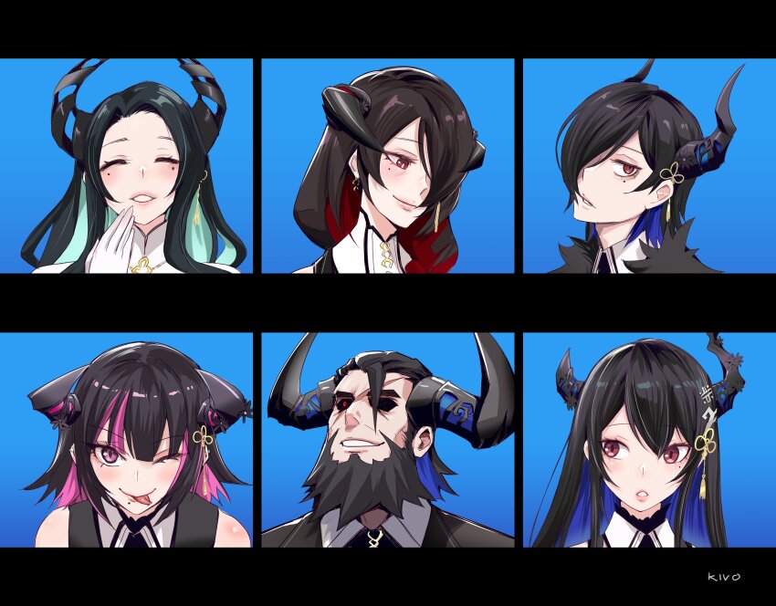2boys, 4girls, aradia_ravencroft, asymmetrical_horns, black_hair, black_suit, blue_hair, brother_and_sister
