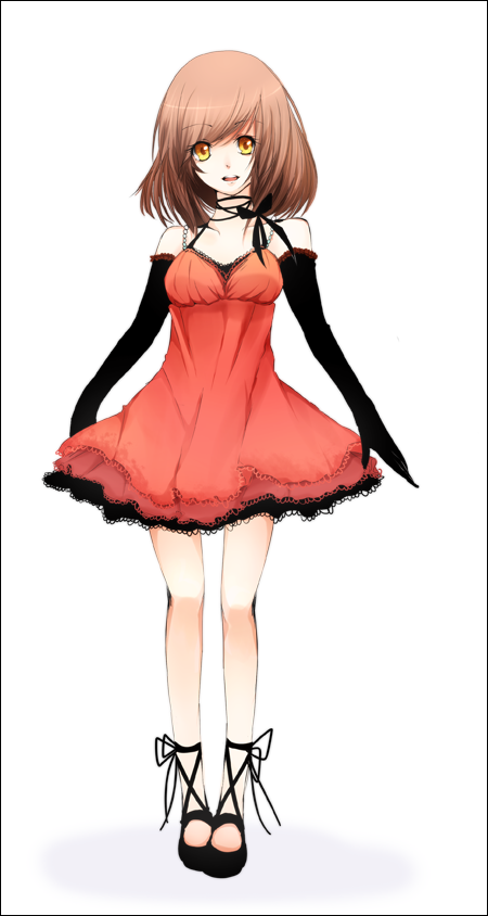 1girl, bad_id, bad_pixiv_id, brown_hair, dress, elbow_gloves, female_focus, gloves