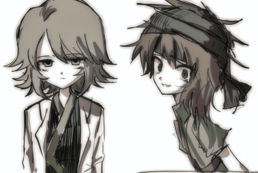 2others, androgynous, atoymk, black_headwear, black_kimono, book_of_the_cafe, brown_eyes, brown_hair, closed_mouth, commentary, green_shirt, green_trim, grey_eyes, grey_hair, houlen_yabusame, houlen_yabusame_(feo), japanese_clothes, kimono, kurohebi, kurohebi_(feo), lab_coat, len'en, long_sleeves, medium_hair, multiple_others, open_clothes, other_focus, pale_skin, shirt, short_sleeves, simple_background, sketch, smile, turban, white_background