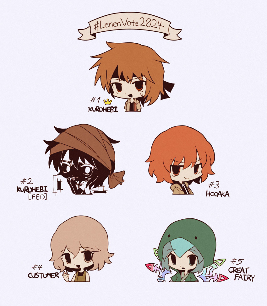 5others, absurdres, atoymk, black_headband, black_shirt, brown_hair, character_name, closed_mouth, collared_shirt, commentary, detached_wings, dot_nose, film_grain, green_eyes, green_hair, green_jacket, green_kimono, green_trim, grey-haired_customer_(book_of_the_cafe), grey_eyes, grey_hair, grey_shirt, hand_to_own_mouth, headband, highres, hood, hooded_jacket, jacket, japanese_clothes, kimono, korean_commentary, kurohebi, kurohebi_(feo), len'en, medium_hair, multiple_others, open_clothes, open_jacket, open_mouth, open_shirt, other_focus, red_eyes, red_hair, shirt, shitodo_hooaka, simple_background, smile, sweat, turban, white_background, white_kimono, wings