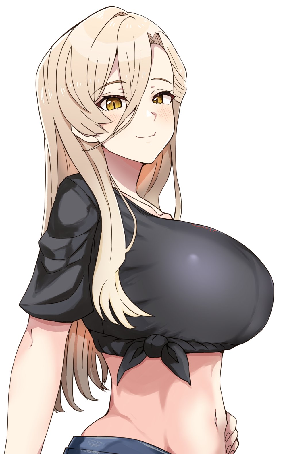 1girl, black_shirt, blonde_hair, breasts, fang, hair_between_eyes, hand_on_own_hip, highres