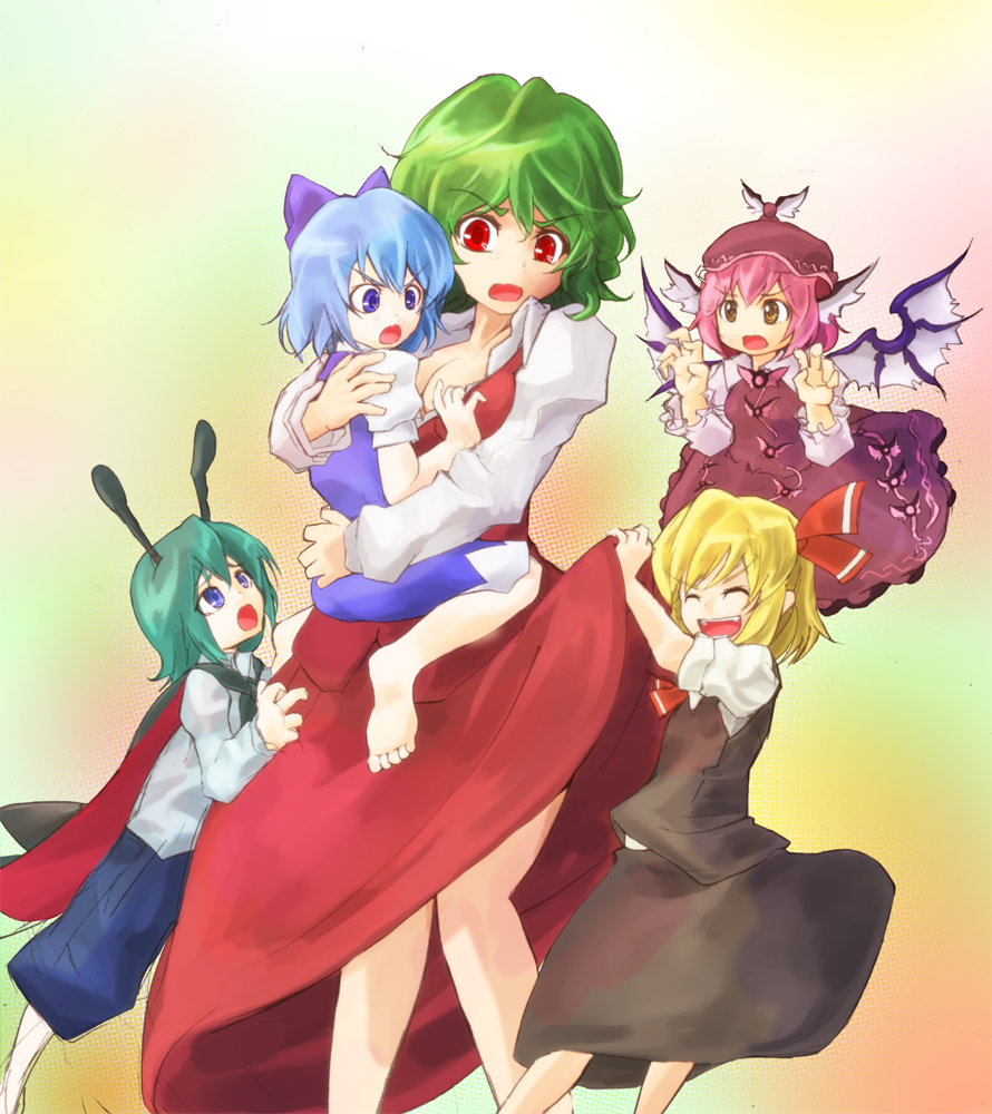 5girls, antennae, barefoot, blonde_hair, blue_eyes, blue_hair, breasts, brown_hair, cape, carrying, cirno, cleavage, closed_eyes, clothes_lift, dress, dress_lift, fangs, green_hair, hat, kazami_yuuka, memento_vivi, memnto_vivi, multiple_girls, mystia_lorelei, open_mouth, pink_hair, red_eyes, ribbon, rumia, short_hair, skirt, skirt_lift, skirt_set, smile, team_9_(touhou), touhou, vest, wings, wriggle_nightbug