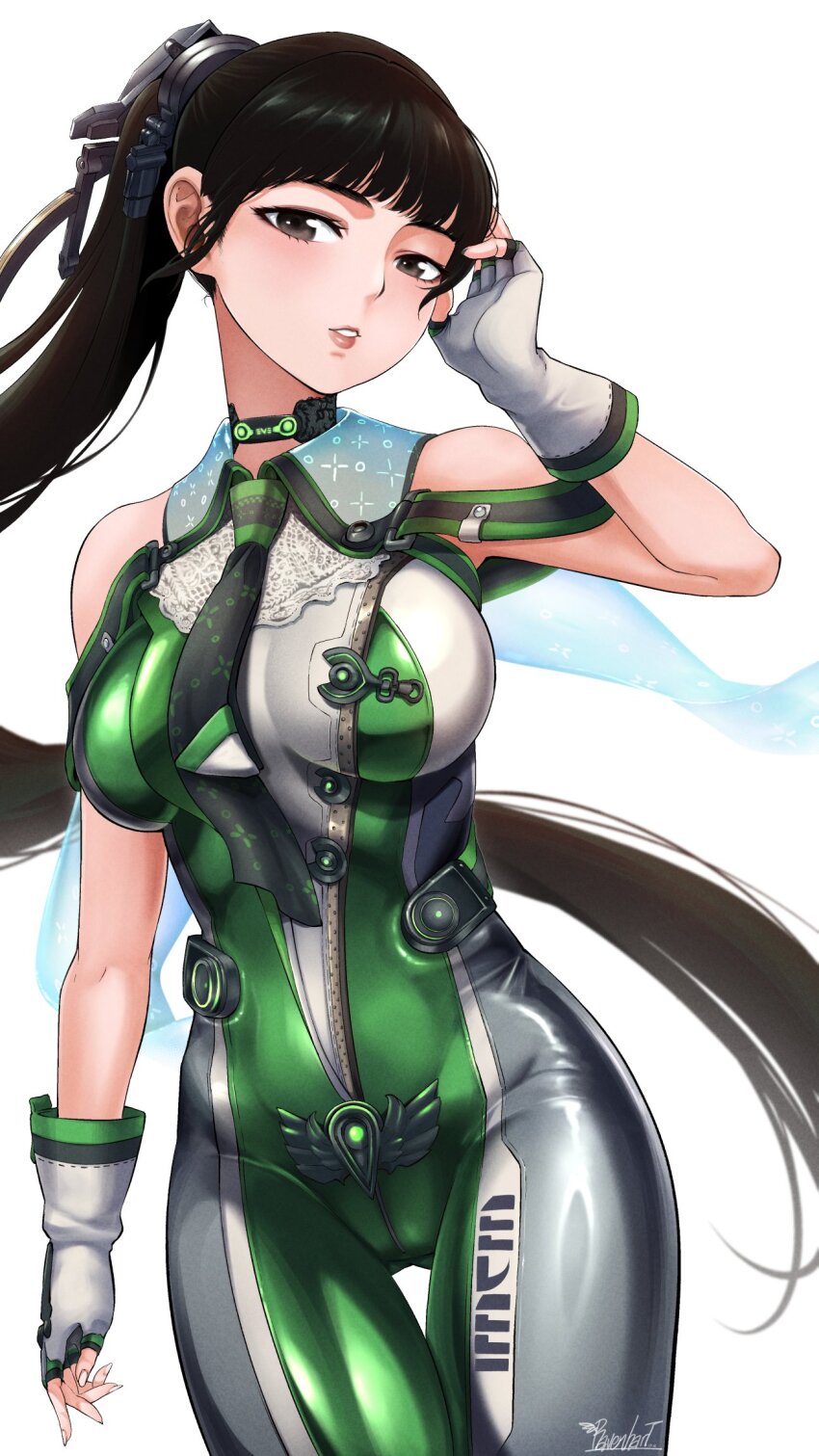 1girl, adjusting_hair, bare_shoulders, black_eyes, black_hair, blunt_bangs, bodysuit, breasts