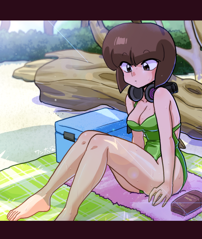 1girl, artist_name, barefoot, beach, beach_towel, black_border, blunt_bangs, blunt_ends, bob_cut, border, breasts, brown_eyes, brown_hair, bush, cleavage, closed_mouth, collared_shirt, commentary, cooler, dot_mouth, expressionless, foliage, green_one-piece_swimsuit, hand_on_ground, headphones, headphones_around_neck, knees_up, lens_flare, letterboxed, log, looking_ahead, looking_down, lotion, medium_breasts, on_ground, one-piece_swimsuit, plaid_towel, raised_eyebrows, ranma_1/2, sand, shadow, shirt, short_hair, signature, sitting, solo, sunscreen, swimsuit, tendou_nabiki, toes, towel, tree, wanta_(futoshi)