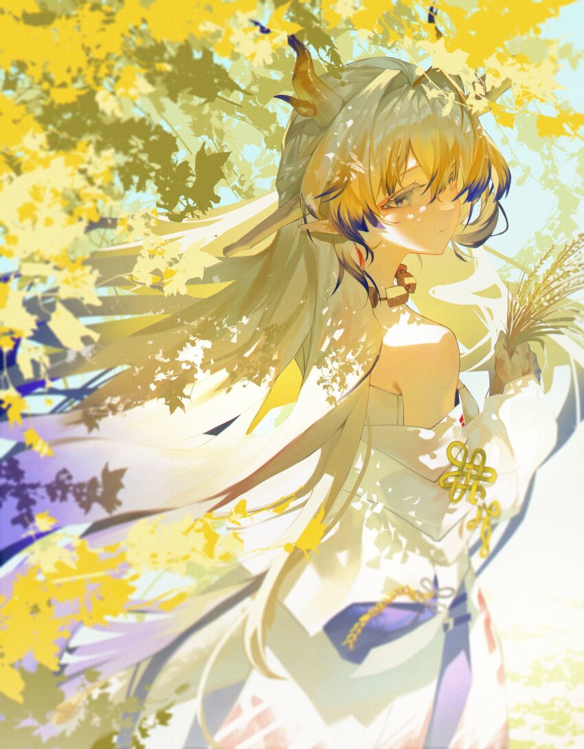 1girl, absurdres, arknights, bare_shoulders, blonde_hair, bloom, blurry, closed_mouth