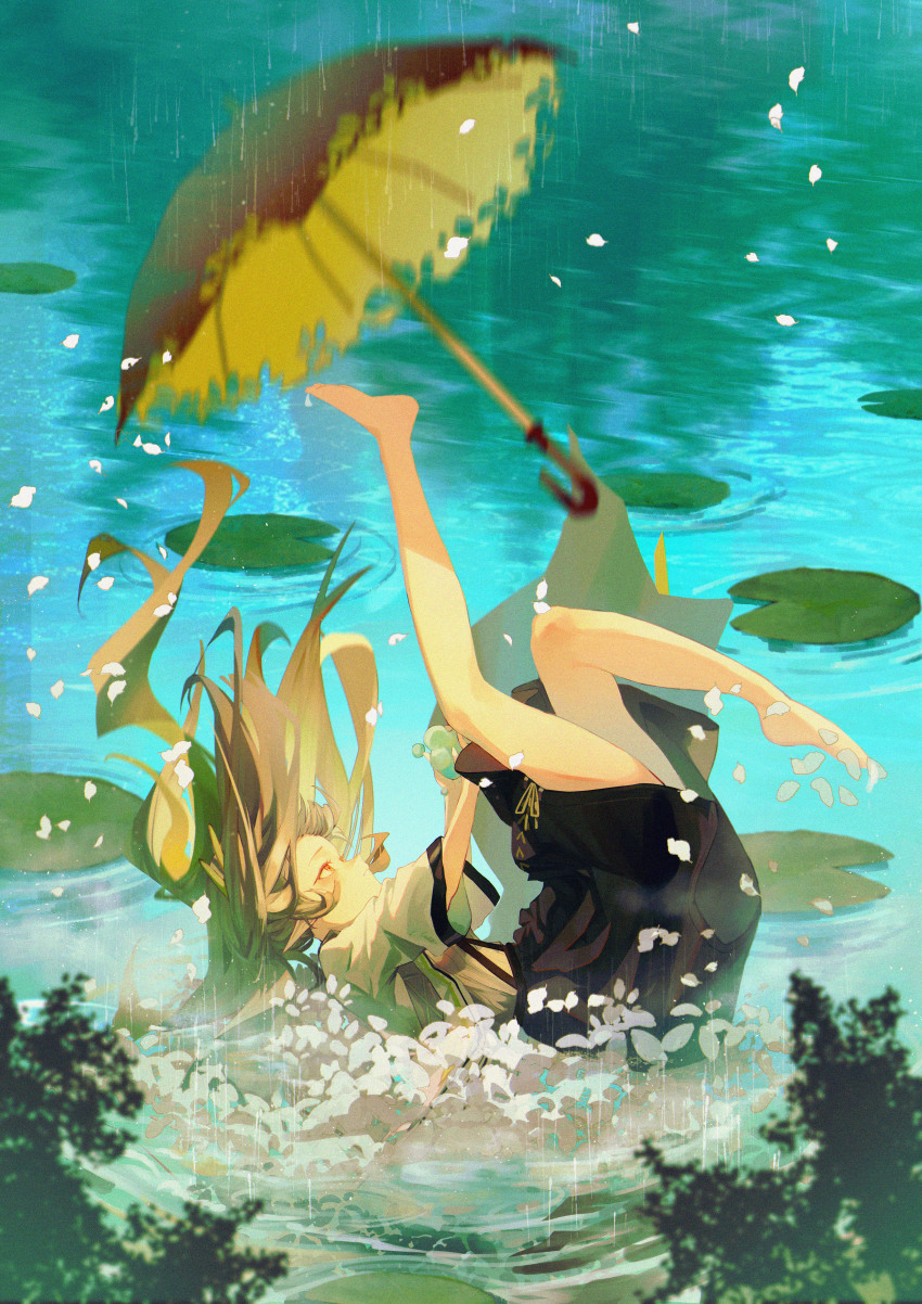 1girl, absurdres, arknights, barefoot, black_skirt, blurry, blurry_foreground, brown_hair