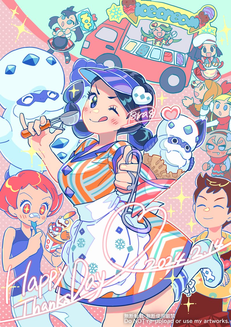 1boy, 6+girls, ;p, apron, bea_(palentine's_2022)_(pokemon), bea_(pokemon), black_eyes, black_hair