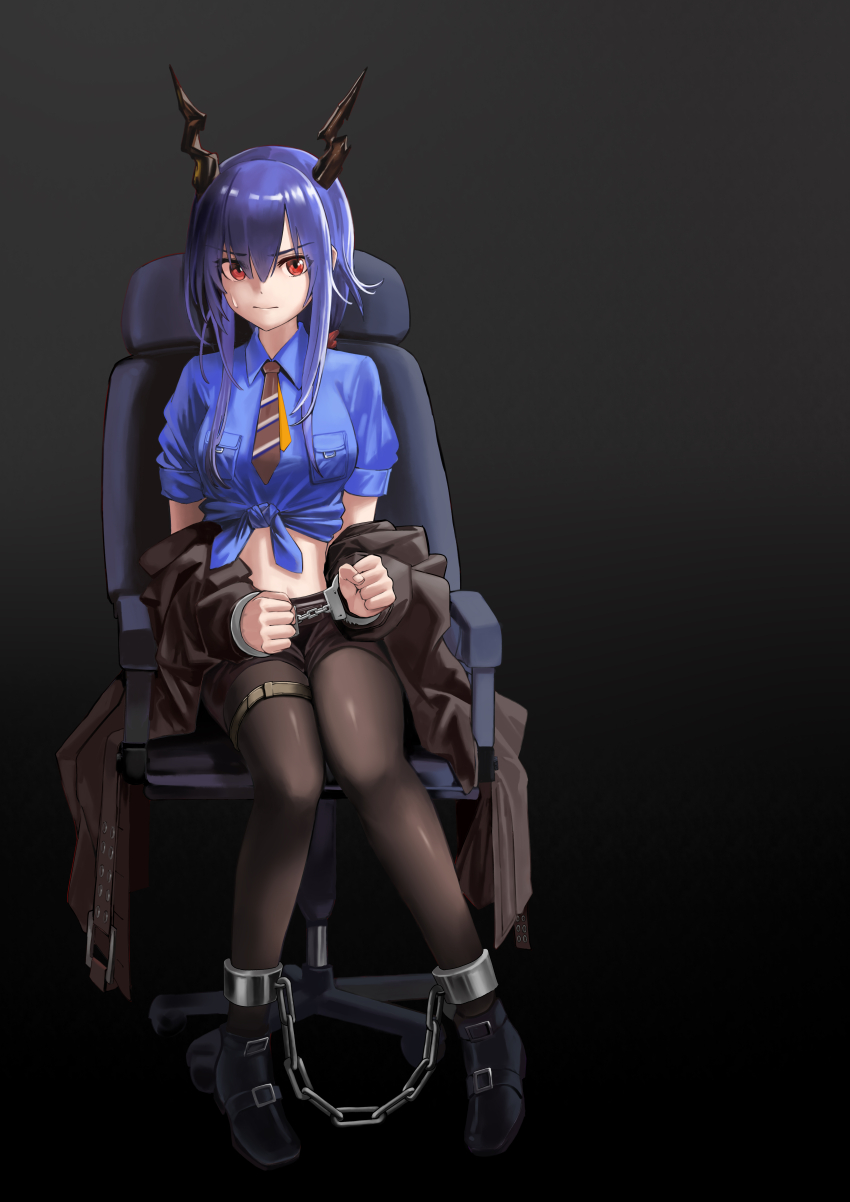 1girl, absurdres, arknights, black_pantyhose, blue_hair, blue_shirt, bound, bound_ankles