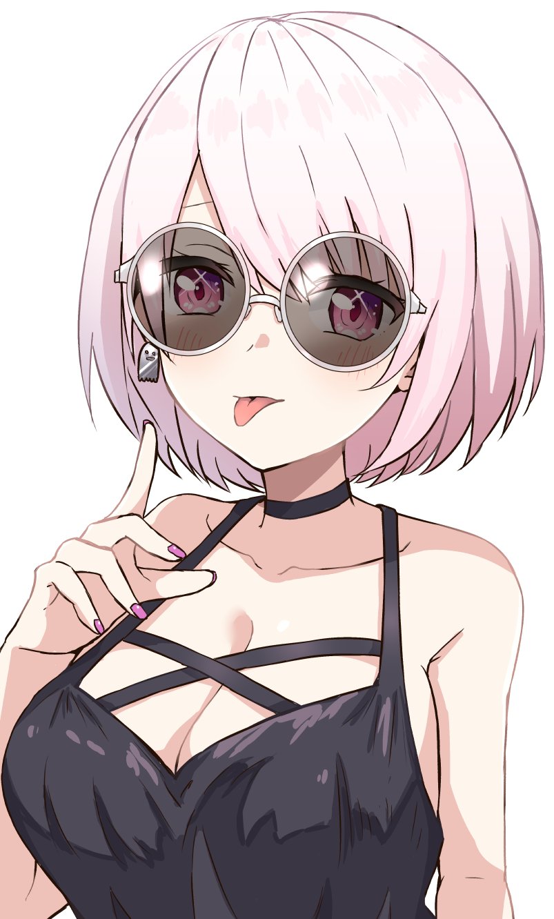 1girl, :p, bare_shoulders, black_choker, black_tank_top, breasts, choker, cleavage, criss-cross_straps, earrings, ghost_earrings, highres, index_finger_raised, keikesu, large_breasts, looking_at_viewer, nijisanji, pink_eyes, pink_hair, pink_nails, round_eyewear, shiina_yuika, shiina_yuika_(10th_costume), short_hair, simple_background, solo, sunglasses, tank_top, tongue, tongue_out, upper_body, virtual_youtuber, white_background, white_hair