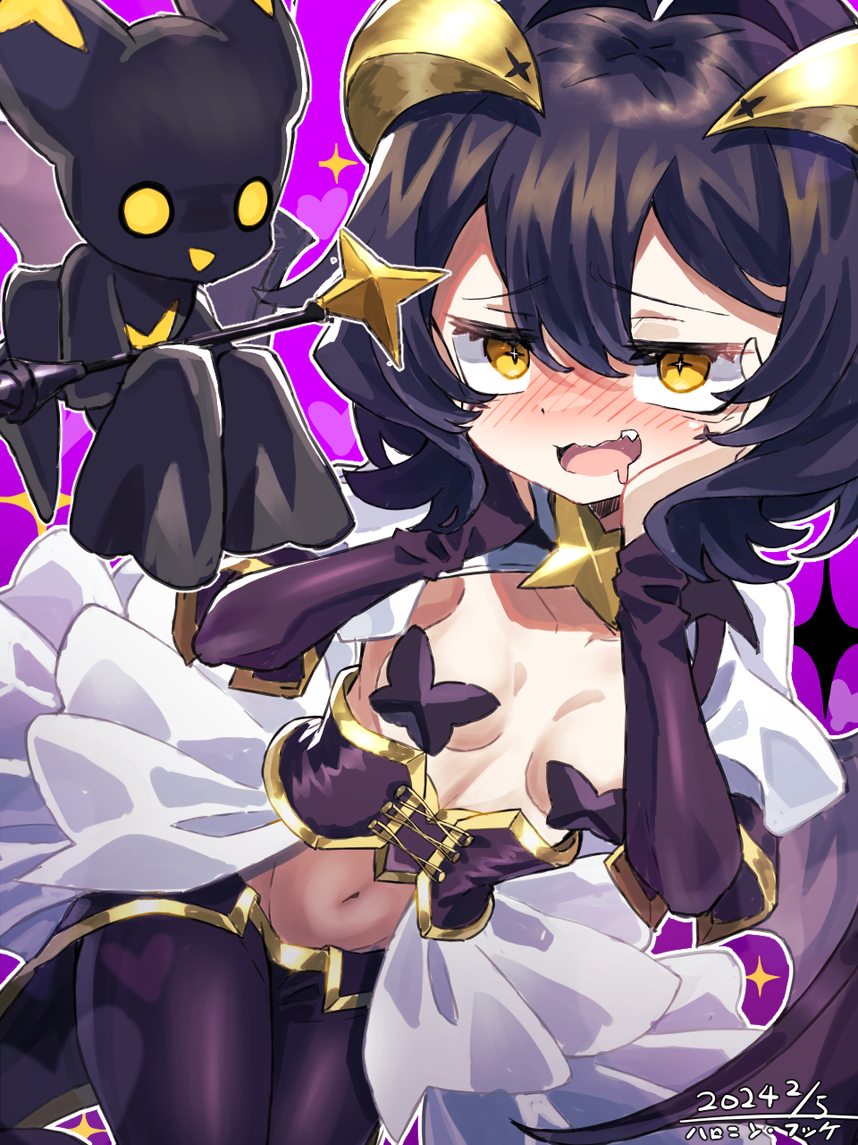 1girl, ahoge, artist_name, black_hair, black_pants, blush, breastless_clothes, breasts