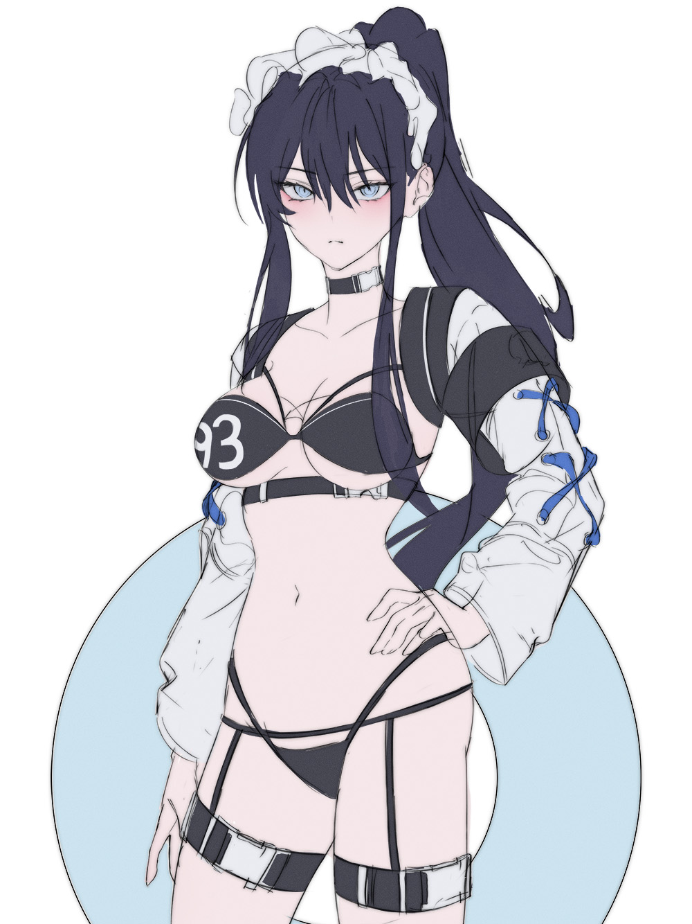 1girl, bikini, black_bikini, blue_archive, blue_eyes, blue_hair, breasts, choker