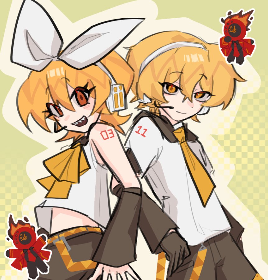 1boy, 1girl, 1other, black_sailor_collar, black_shorts, blonde_hair, bow, cosplay, dante_(limbus_company), don_quixote_(project_moon), hair_bow, headphones, headset, kagamine_len, kagamine_len_(cosplay), kagamine_rin, kagamine_rin_(cosplay), limbus_company, looking_at_viewer, neckerchief, necktie, open_mouth, orange_eyes, project_moon, sailor_collar, sharp_teeth, shirt, short_hair, shorts, sinclair_(project_moon), sinmllk, smile, tattoo, teeth, vocaloid, vocaloid_boxart_pose, white_bow, white_shirt, yellow_eyes, yellow_neckerchief, yellow_necktie