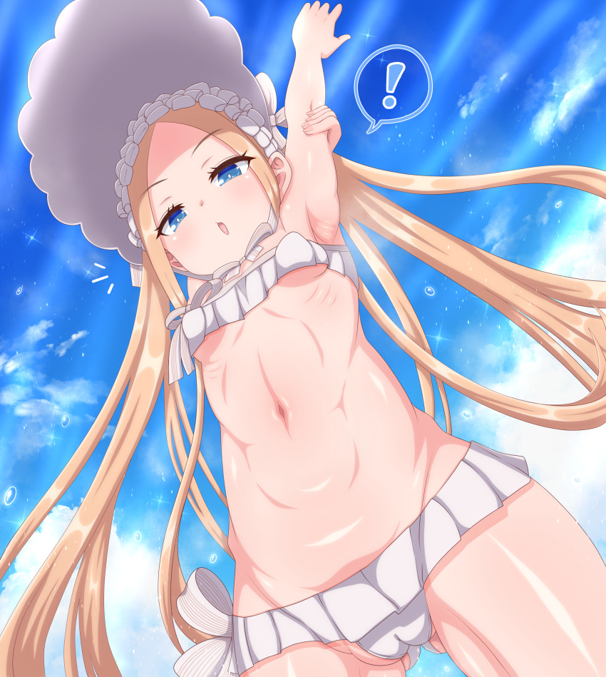 !, 1girl, abigail_williams_(fate), abigail_williams_(swimsuit_foreigner)_(fate), abigail_williams_(swimsuit_foreigner)_(third_ascension)_(fate), absurdres, armpits, azatychan, blonde_hair, blue_eyes, bow, breasts, cameltoe, cloud, cloudy_sky, commentary, fate/grand_order, fate_(series), forehead, hair_bow, hat, highres, long_hair, looking_down, multiple_hair_bows, navel, open_mouth, outdoors, shiny_skin, sky, small_breasts, solo, stretching, sunlight, swimsuit, toned, toned_female, water_drop, white_hat