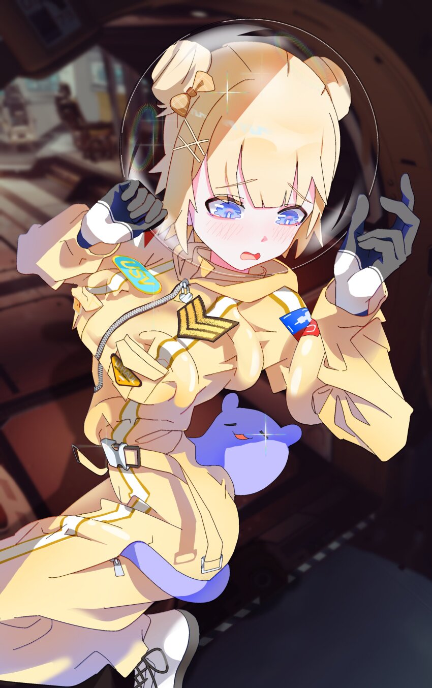 1girl, absurdres, astronaut, belt, belt_buckle, black_gloves, blue_eyes, blush