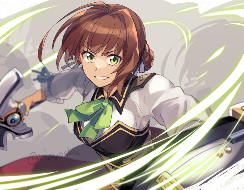 1girl, artist_name, aura, bow, bowtie, brown_hair, commentary_request, duvalie, eiyuu_densetsu, green_bow, green_bowtie, green_eyes, grey_background, hair_intakes, holding, holding_shield, holding_sword, holding_weapon, looking_at_viewer, medium_hair, riarashu, sen_no_kiseki, sen_no_kiseki_(series), sen_no_kiseki_i, sen_no_kiseki_iv, shield, smile, solo, sword, teeth, twitter_username, weapon