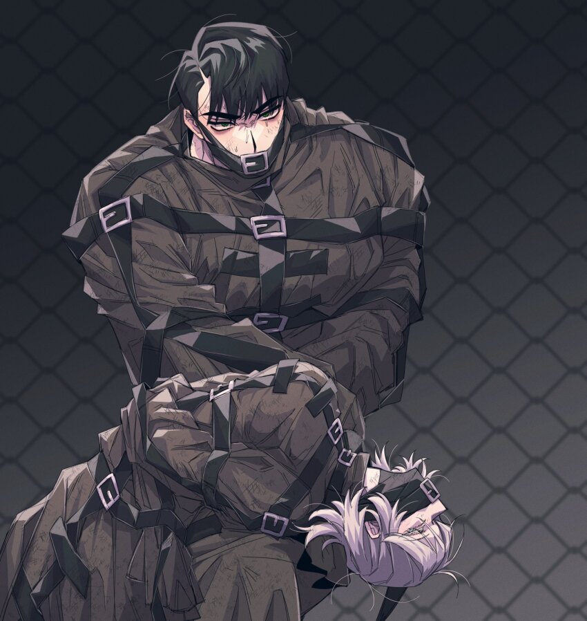 1boy, 1girl, black_hair, blue_eyes, brown_coat, chain-link_fence, coat, e.g.o_(project_moon)