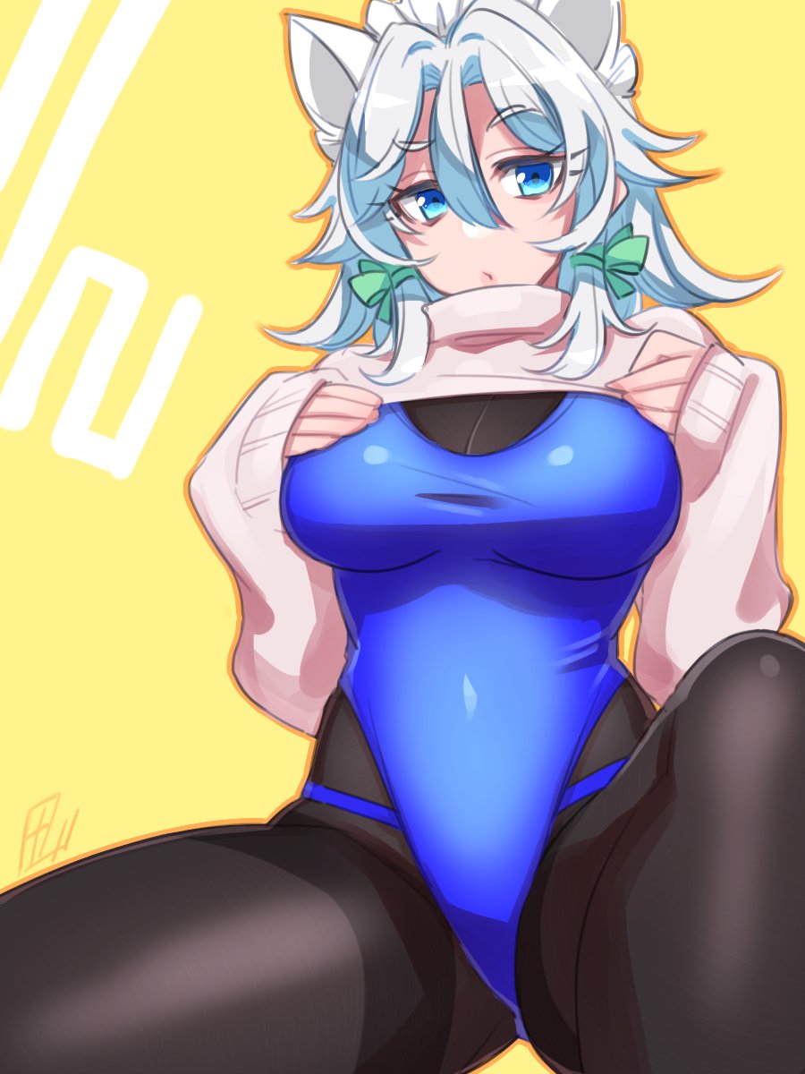 1girl, animal_ears, black_pantyhose, blue_eyes, blue_one-piece_swimsuit, bodystocking, bodysuit, bow