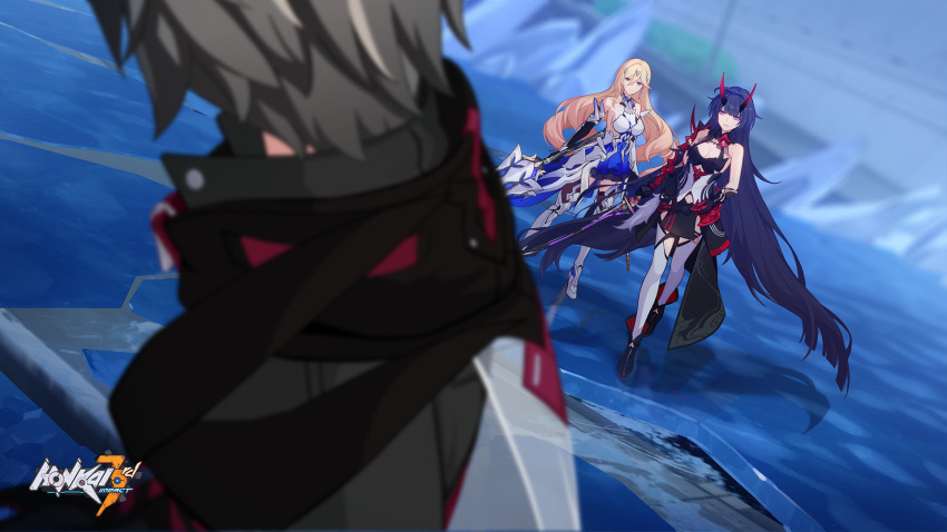 1boy, 2girls, armor, armored_boots, bare_shoulders, durandal_(honkai_impact), blonde_hair, blue_eyes