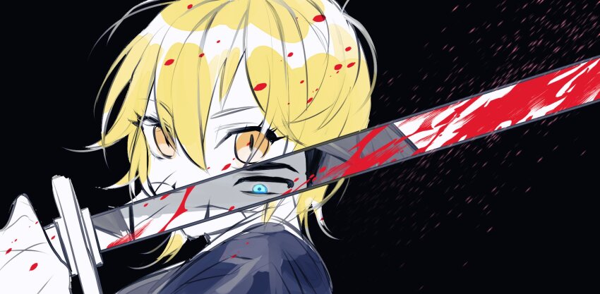 1boy, 1girl, black_background, blonde_hair, blue_eyes, don_quixote_(project_moon), highres, holding