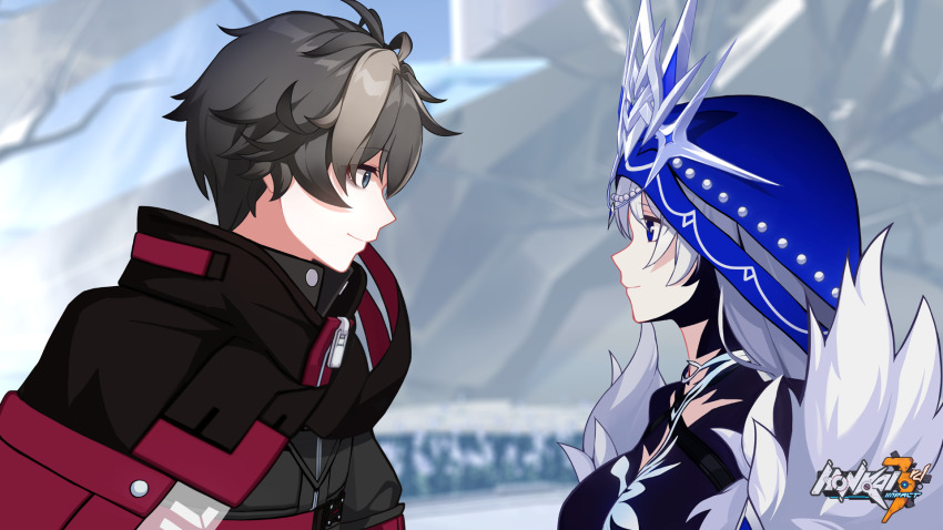 1boy, 1girl, ana_schariac, ana_schariac_(herrscher_of_ice), blue_eyes, breasts, copyright_name, grey_hair